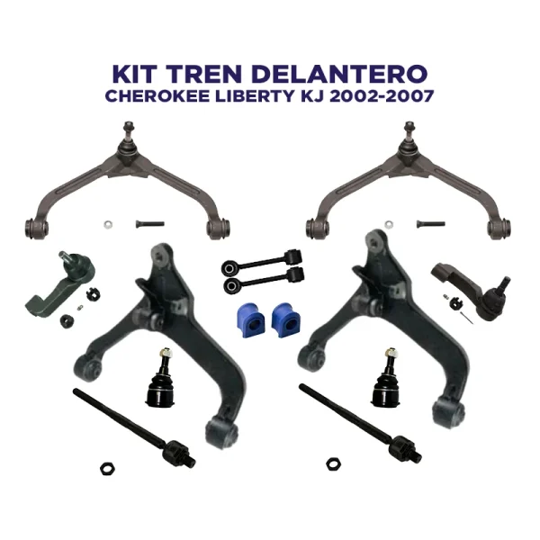 Kit Tren Delantero Jeep Cherokee Liberty KJ año 2002 2003 2004 2005 2006 2007. Incluye Mesetas inferiores y superiores con muñones y bujes, rótulas, terminales, gomas de barra estabilizadora y lápices o tensores de barra estabilizadora.