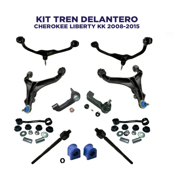 Kit Tren Delantero Jeep Cherokee Liberty KK año 2008 2009 2010 2011 2012 2013 2014 2015. Incluye Mesetas inferiores y superiores con muñones y bujes, rótulas, terminales, gomas de barra estabilizadora y lápices o tensores de barra estabilizadora.