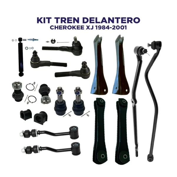 Kit Tren Delantero Jeep Cherokee XJ año 1984 1985 1986 1987 1988 1989 1990 1991 1992 1993 1994 1995 1996 1997 1998 1999 2000 2001. Incluye Mesetas inferiores y superiores con bujes, muñones, amortiguador de dirección, terminales, track bar, gomas de barra estabilizadora y lápices o tensores de barra estabilizadora.