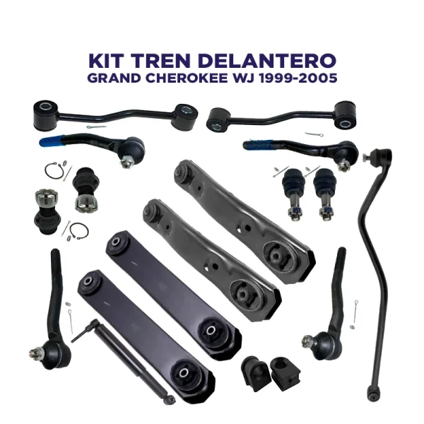 Kit Tren Delantero Jeep Grand Cherokee WJ año 1999 2000 2001 2002 2003 2004 2005. Incluye Mesetas inferiores y superiores con bujes, muñones, amortiguador de dirección, terminales, gomas de barra estabilizadora y lápices o tensores de barra estabilizadora.