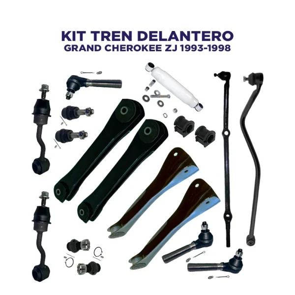 Kit Tren Delantero Jeep Grand Cherokee ZJ año 1993 1994 1995 1996 1997 1998. Incluye Mesetas inferiores y superiores con bujes, muñones, amortiguador de dirección, terminales, track bar, gomas de barra estabilizadora y lápices o tensores de barra estabilizadora.