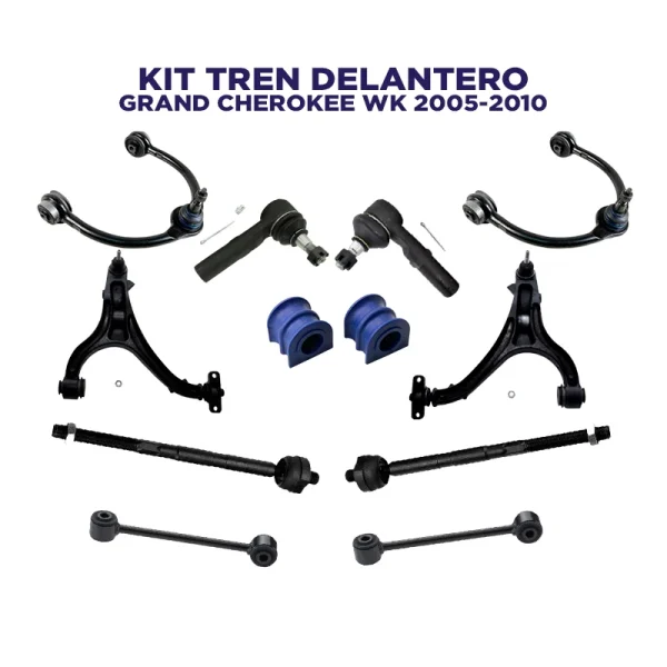 Kit Tren Delantero Jeep Grand Cherokee WK año 2005 2006 2007 2008 2009 2010. Incluye Mesetas inferiores y superiores con muñones y bujes, rótulas, terminales, gomas de barra estabilizadora y lápices o tensores de barra estabilizadora.