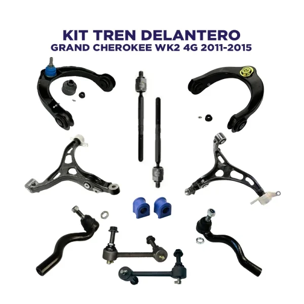 Kit Tren Delantero Jeep Grand Cherokee WK2 4G año 2011 2012 2013 2014 2015. Incluye Mesetas inferiores y superiores con muñones y bujes, rótulas, terminales, gomas de barra estabilizadora y lápices o tensores de barra estabilizadora.